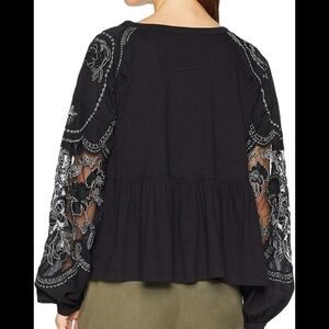 Free People Black Long Sleeve Top with Embroidered Details